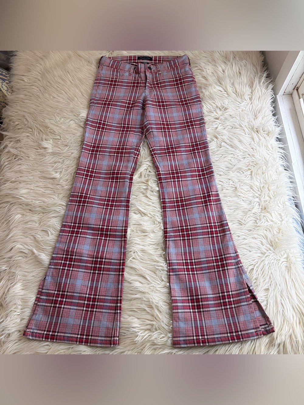 Y2K Abercrombie Fitch Flare Jeans Womens 0 Red Plaid Bell Bottom Mean Girls